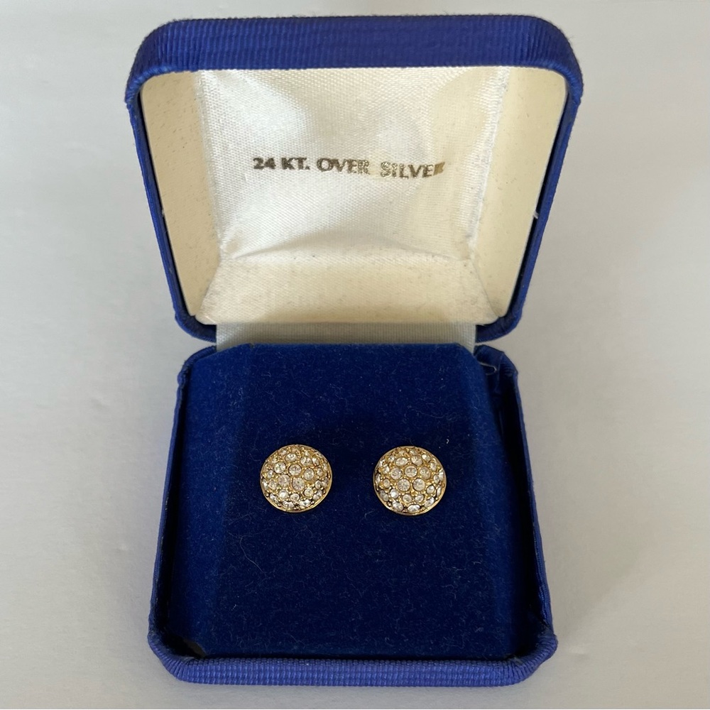 Vintage Swarovski Button Pave  Stunning Crystal Earrings 24KT over Silver Signed